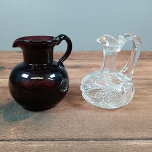 Vintage Glass Pitcher Set Amethyst Purple Clear Small Creamer Bud Vase